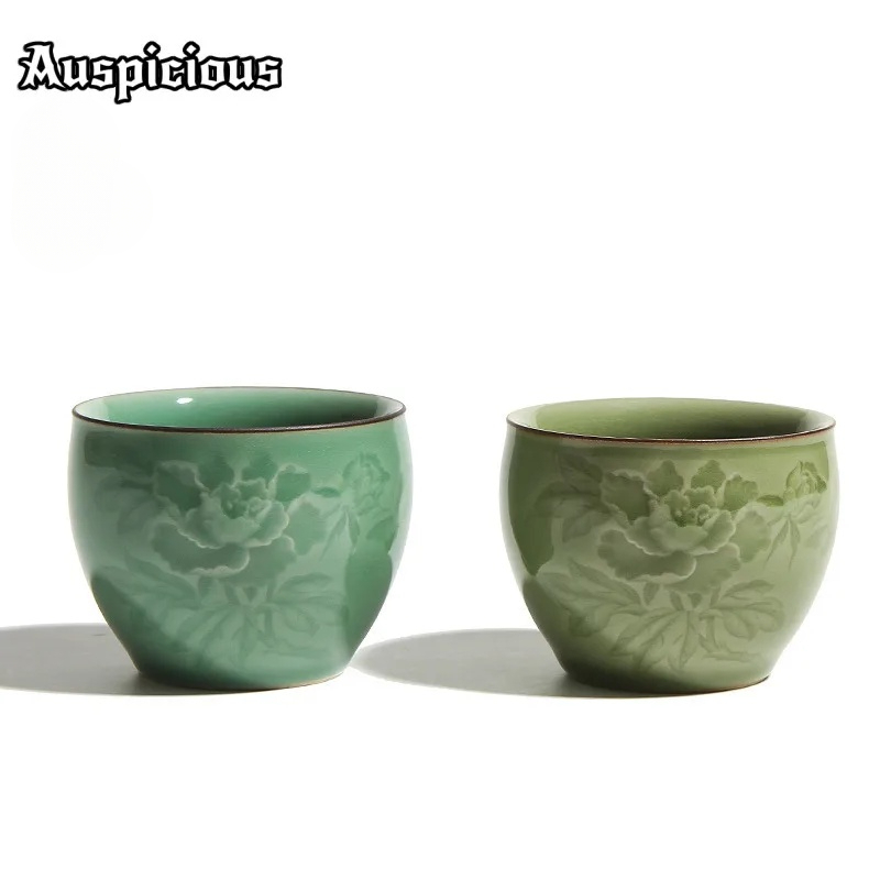 Celadon Ceramic Cup - 120 مللي اليدوية Longquan Celadon الفاوانيا